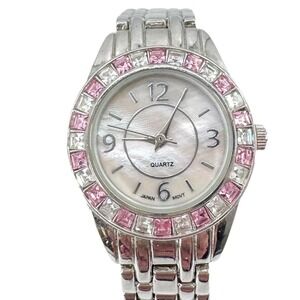 Vintage MZ Berger Watch Pink Crystal Bezel Mother of Pearl Dial Silver Tone Link